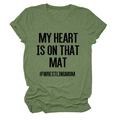 Detail of army green crewneck t-shirt with My Heart Is On That Mat text print - S / Black Font / Olive Green