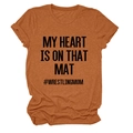 Detail of caramel cotton blend t-shirt with My Heart Is On That wrestling quote - S / Black Font / Burnt Orange