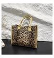 Fashionable large leopard print tote bag with beige leather trim and dual handles - Khaki