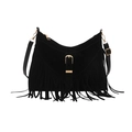 Sac bandoulière minimaliste en daim noir avec de longues franges et boucle en métal doré - Noir