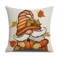 Fall harvest throw pillow cover featuring a festive gnome with pumpkin and maple leaves - Gnome Carrying Pumpkin (YMF25-1)
