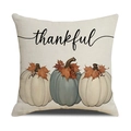 Linen pumpkin throw pillow cover with thankful text and autumn maple leaf design - Pumpkin Trio (Thankful)