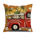 Square autumn pillow cover featuring a cartoon pumpkin truck on linen texture fabric - Red Truck with Pumpkins (YMF25-3)