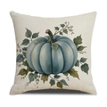 Decorative square cushion cover featuring a teal watercolor pumpkin and green autumn leaves - 18x18 Inch / Blue Pumpkin Style (YMF23-1)