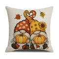 Fall harvest gnome and pumpkin print pillow cover on natural linen texture fabric - Two Gnomes Holding Pumpkin (YMF25-4)