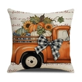 Funda de cojín de lino otoñal con camioneta naranja, calabazas y estampado de hojas - Estilo de Cosecha de Otoño de Camioneta Vintage (YMF22-4)