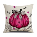 Gothic Halloween Kissenbezug mit Kürbis Skelett Druck und gestreifter Schleife auf Weiß - Fuchsie Kürbis Schleife (YMW10-4)
