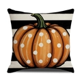 Fodera per cuscino in lino con zucca a pois arancioni e strisce bianche e nere - Zucca a Righe (YMF30-4)