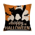 Fodera per cuscino in lino per Halloween con gatto nero e pipistrello arancione - Stile Gatto Nero Pipistrello (YMW2-2)