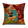 Linnen herfst kussensloop met vogel, vogelhuisje en herfstachtige esdoornbladeren - Gele Vogel Stijl (YMW16-2)