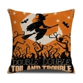 Federa per cuscino Halloween in lino con strega sulla luna su tessuto arancione acceso - Stile Strega sulla Scopa (YMW2-3)