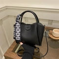 Chic black lychee leather bucket bag with decorative diamond pattern scarf for women - With Pendant / Black