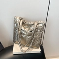 Champagne gold quilted down tote bag with metallic finish and magnetic outer pocket - Gold