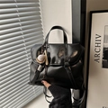 Glossy black vintage convertible backpack tote with baseball pendant and buckle straps - With Pendant / Black