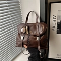 Vintage dark brown faux leather tote bag with double straps and baseball pendant - With Pendant / Brown