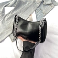 Bolso de hombro negro en piel PU con cadena plateada y cierre de cremallera superior - Negro