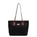 Bolso tote grande y minimalista de nailon negro con asas de cuero marrón para mujer - Negro y Marrón