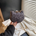 Close-up of leopard print cat-shaped evening clutch with crystal lock and gold chain - Black