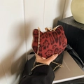 Mini cat ear chain bag featuring red leopard print velvet and gold metal hardware - Red