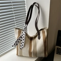 Vertical striped canvas tote bag with brown leather straps and a polka dot scarf detail - Off White