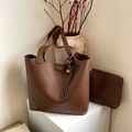 Brown minimalist large tote bag and matching clutch set with decorative woven rope charm - Tote Bag and Pouch 2-Piece Set / Coffee With Pendant