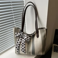 Chic striped canvas tote bag with polka dot scarf and leather straps for commuting - Green