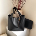 Minimalist black faux leather tote bag set with a pouch and decorative charm accessory - Tote Bag and Pouch 2-Piece Set / Black With Pendant