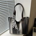 Vertical striped tote bag in grey and white with brown leather handles and polka dot scarf - Black