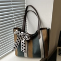 Vertical striped brown and blue tote bag with leather handles and polka dot scarf - Blue