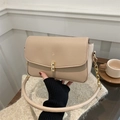 Elegant apricot leather shoulder bag with gold metal buckle and chain handle - Khaki