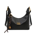 Black minimalist shoulder bag with gold logo and brown braided rope bell pendant - With Ornament / Black