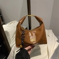 Retro brown leather underarm tote bag with gold metal logo and braided rope detail - With Pendant / Brown