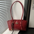 Retro dark red faux leather tote bag with gold logo and woven charm for women - Burgundy Red With Charm