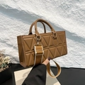 Brown textured rectangular tote with triangle quilting and detachable wide strap - Brown