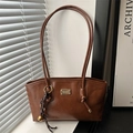 Brown vintage faux leather tote bag with gold logo plaque and woven bell pendant - Brown with Pendant