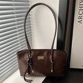 Retro dark brown large capacity faux leather tote bag with elegant gold metal logo tag - Coffee with Pendant