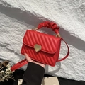 Red V-quilted small square crossbody bag with gold heart lock and ruched handle - Red