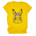 Detail view of cotton yellow t-shirt featuring a cute hand-drawn rabbit with pink leopard bow - Yellow