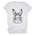 Detail of bunny print on white cotton T-shirt with pink leopard bow and glasses - White
