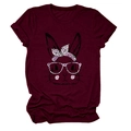 Detailed flat lay of burgundy crew neck T-shirt with cute pink leopard print bunny design - Burgundy
