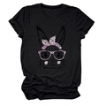 Detailed view of women's black cotton t-shirt featuring a pink leopard print rabbit design - Black