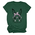 Detail of cartoon rabbit print with pink leopard glasses on dark green cotton T-shirt - Vintage Green