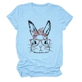 Light blue crew neck T-shirt with hand-drawn rabbit in pink leopard bow and glasses - Light Blue