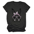 Detail of grey short sleeve T-shirt with pink leopard bunny print and crew neck - Black Heather Grey