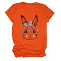 Detail of bright orange cotton T-shirt featuring a leopard print bunny graphic and crew neck - Orange