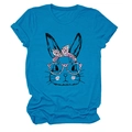 Detail of sky blue round neck t-shirt featuring a cute cartoon rabbit with pink leopard bow - Lake Blue