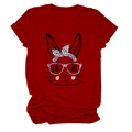 Detail of round neck pink leopard bunny print on dark red cotton short sleeve T-shirt - Red