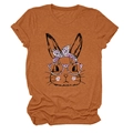 Detail of burnt orange t-shirt featuring a playful rabbit with pink leopard glasses - Burnt Orange