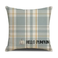 Fodera per cuscino autunnale a quadri con zucca bianca e scritta Hello Pumpkin - Stile Hello Pumpkin a Quadri Grigio-Blu (YMF12-7)