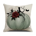 Halloween Kissenbezug mit grünem Kürbis, roter Rose und Fledermaus auf Leinenstoff - Kürbis Rose Stil (YMW18-1)
